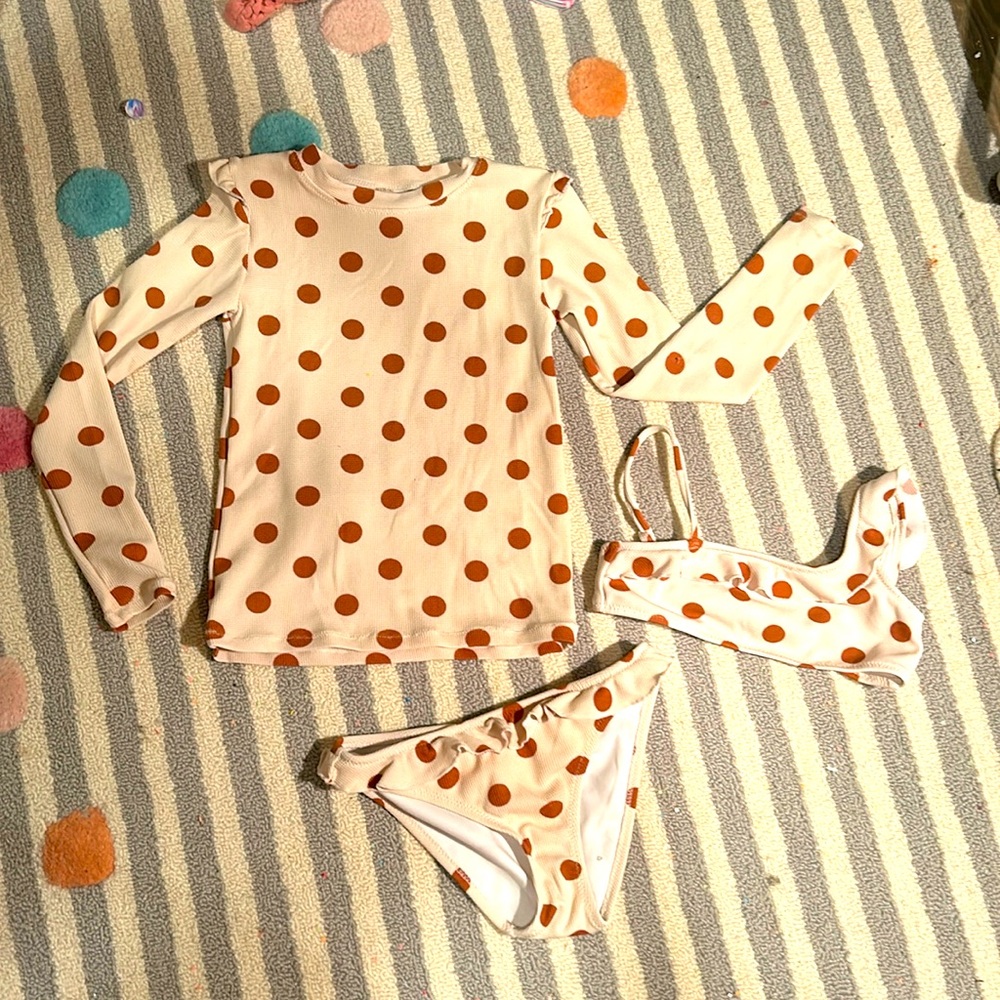 Zara 3/piece Bathing Suit Girls Size 9-10 Color Brown  polka dots